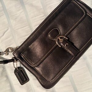 Coach Black Leather Wristlet with original pattern inside